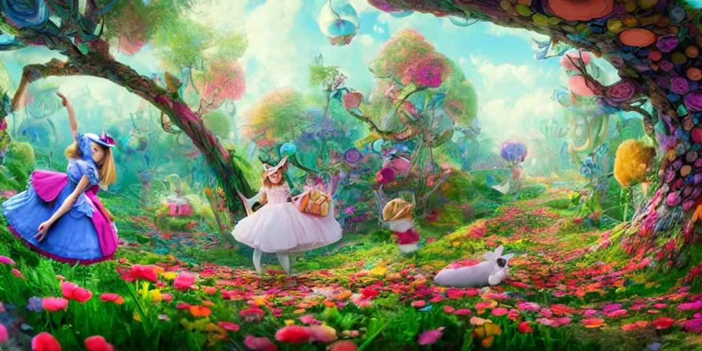 Image similar to Alice in Wonderland, falling down the rabbit hole, colorful, wide angle, super highly detailed, professional digital painting, artstation, concept art, smooth, sharp focus, no blur, no dof, extreme illustration, Unreal Engine 5, Photorealism, HD quality, 8k resolution, cinema 4d, 3D, beautiful, cinematic, art by artgerm and greg rutkowski and alphonse mucha and loish and WLOP