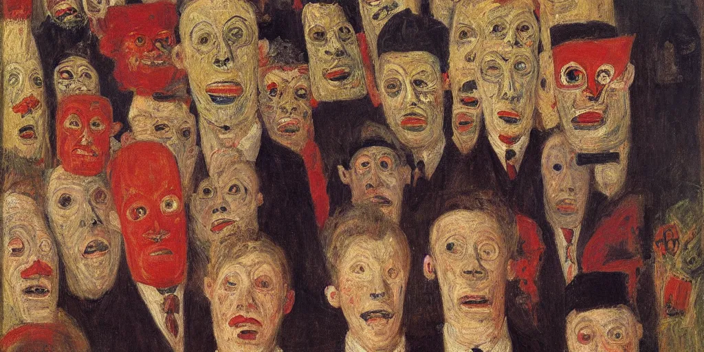 Prompt: self portrait with masks. james ensor. ( 1 8 9 8 ) oil on canvas