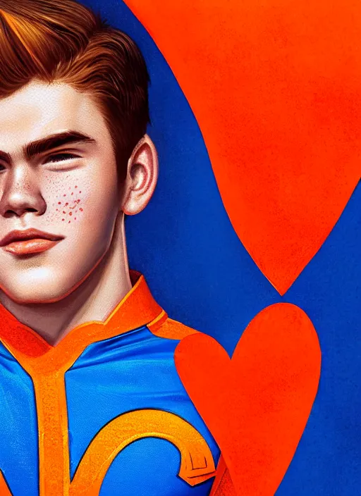 Image similar to friendly teenage archie andrews wearing an orange superhero costume with heart logo, heart, freckles, blue cape, heart emblem on chest, blue cape, intricate, elegant, glowing lights, highly detailed, digital painting, artstation, sharp focus, illustration, art by wlop, mars ravelo and greg rutkowski