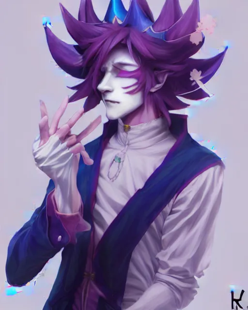 Image similar to extremely attractive soft feminine male as a jester anime character screenshot, nagito komaeda and hisoka jester, anime feminine male fool, intricate, sharp focus, illustration, highly detailed, digital painting, cell shaded, concept art, matte, art by ilya kuvshinov and kyoto animation and wlop, ruan jia, greg rutkowski, studio quality