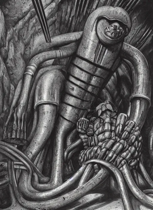 Prompt: giant steel golem in a cave, giger
