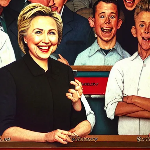 Image similar to hilary clinton super excited to be working at subway, sarcastic, by norman rockwell hyperrealism 8 k