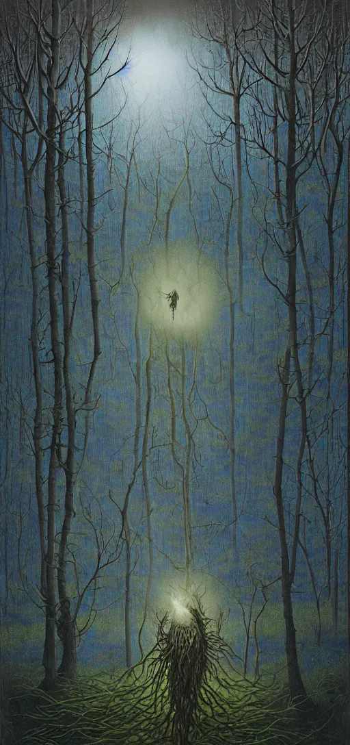 Image similar to painterly dreamy Kupala Night in the blue forest with trees which have eyes, giant flowers, glowing owls, deers, women, lianas, thistles, giant fantasy creatures, a stream and sky with moon and stars by Beksinski, Alex Grey, Aron Wiesenfeld and Giger dark fantasy, witcher, very detailed oil painting in the alla prima style, masterpiece, 8k