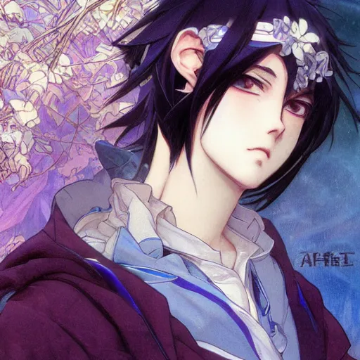 Image similar to small boy with black hair and blue purple eye, school uniform, anime style, hyper detailed, illustration, digital painting, art by artgerm and greg rutkowski and alphonse mucha, high delicate defined details, anime stylized, highly detailed, realistic, sharp focus