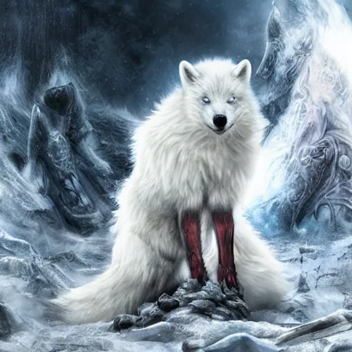 Image similar to angry devil white polar fox with sharp teeth wearing medieval armor presented as god of destruction, ice and fire, postapocalyptic world, hyperrealistic, highly detailed