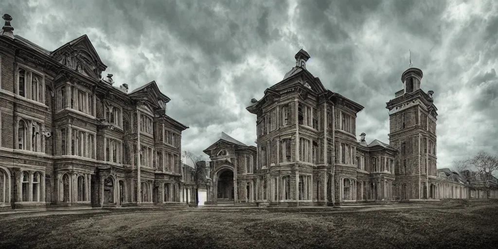 Prompt: Lunatic Asylum, by WLOP, exterior, majestic, realistic, detailed, epic scenery, ominous