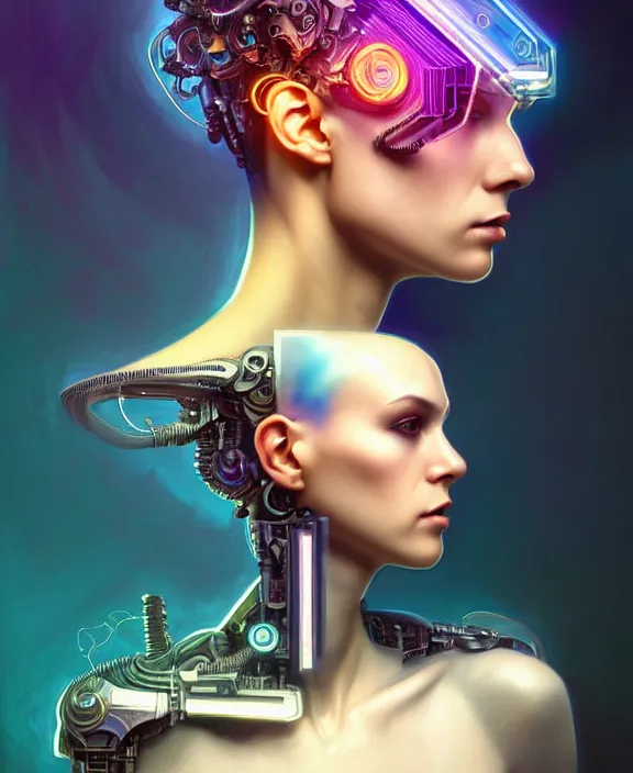 Image similar to a whirlwind inside the metaverse, male, hologram, half body, neurochip, shaved temple, piercing, jewelry, android, cyborg, cyberpunk face, by loish, d & d, fantasy, intricate, elegant, highly detailed, colorful, digital painting, artstation, concept art, art by artgerm and greg rutkowski and alphonse mucha