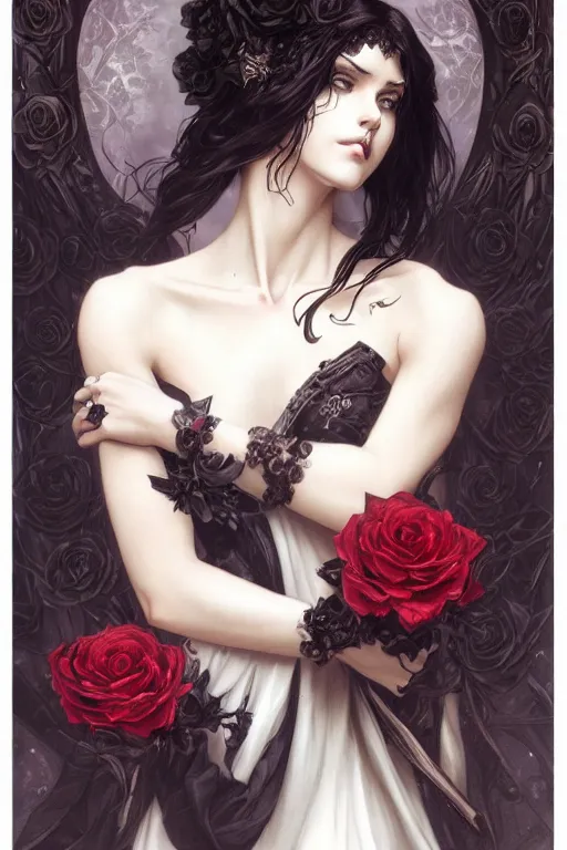 Image similar to beautiful gothic female with black roses surrounding her, Black Hair, intricate, elegant, highly detailed, digital painting, artstation, concept art, smooth, sharp, focus, illustration, art by artgerm and greg rutkowski and alphonse mucha