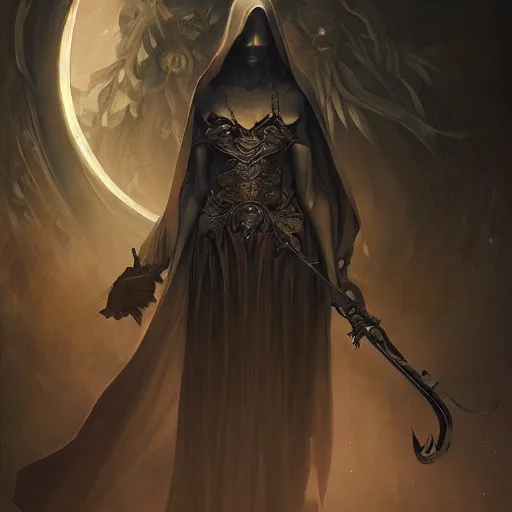 Image similar to the grim reaper, dark fantasy, intricate, elegant, highly detailed, digital painting, artstation, concept art, wallpaper, smooth, sharp focus, illustration, art by artgerm and greg rutkowski and alphonse mucha