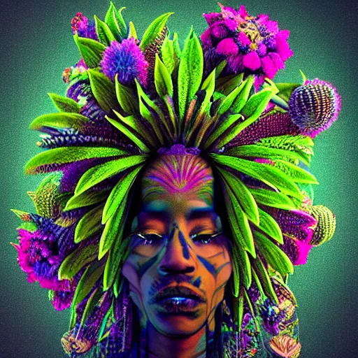 Image similar to an african marijuanna! shaman with an afro made of flowers, third eye art art by machina infinitum, complexity from simplicity, rendered in octane, mandelbulb 3 d, ambient occlusion, macro photography, felt!!! texture, tribal, neon! retrowave