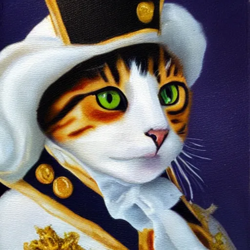 Image similar to a oil painting of a cat dressed as Napoleon