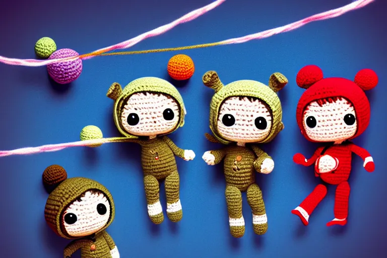 Image similar to a group of three crochet cute astronauts climbing a yarn wall. cute, illustration, digital art, inspired by little big planet, by greg rutkowski, detailed, sharp, masterpiece, highly detailed, photorealistic, octane render, 8 k, unreal engine 5, trending on artstation, vivid colors