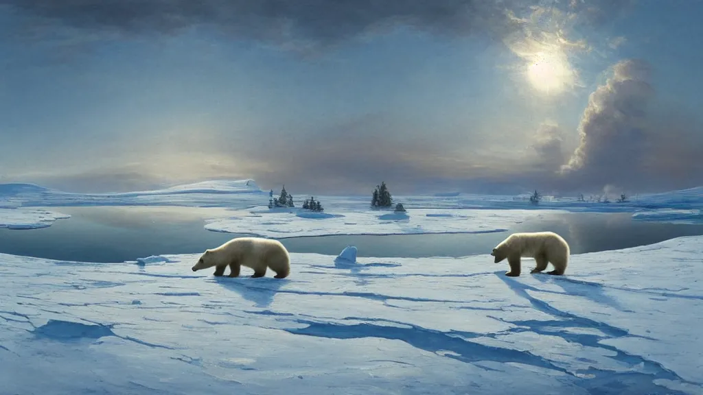 Image similar to the most beautiful panoramic landscape, oil painting, where a giant dreamy lake is frozen, a giant polar bear is exhaling steam while walking over the frozen lake, the frozen lake is reflecting the giant polar bear and the ray lights of the sunrise are brightening him, by greg rutkowski