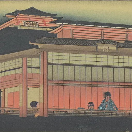 Image similar to a picture of a building that is lit up at night, an art deco painting by yoshida hanbei, pinterest, shin hanga, ukiyo - e, 1 9 9 0 s, 1 9 7 0 s