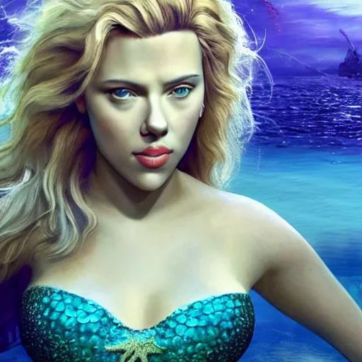 Image similar to scarlett johansson in a mermaid outfit, highly detailed face, 8 k