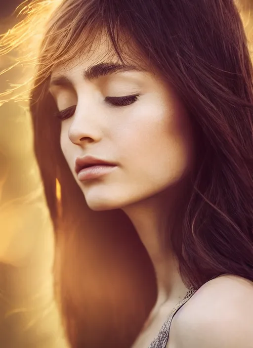 Image similar to a very beautiful still of a beautiful brown - haired woman with her head leaning backwards, golden ray of light across her face, eyes closed, front shot, close - up, hyper detailed, high contrast, bokeh background, realistic, digital art by irak linadar, sharp focus, golden, delicate, sunlight, dark background, 4 k