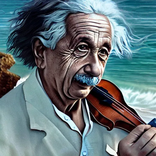 Image similar to albert einstein on tropical beach playing violin by greg rutkowski hyper realistic award winning