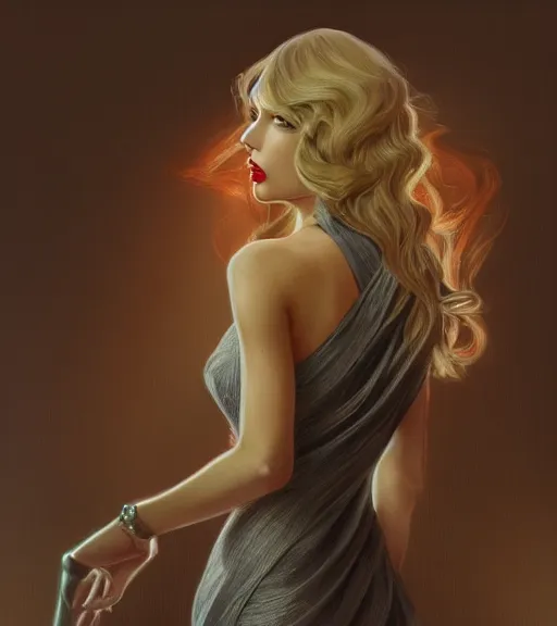 Image similar to taylor swift wearing a golden dress, grey hair, red necktie, cinematic, stunning, highly detailed, digital painting, artstation, smooth, hard focus, full body shot, illustration, art by artgerm and greg rutkowski and alphonse mucha