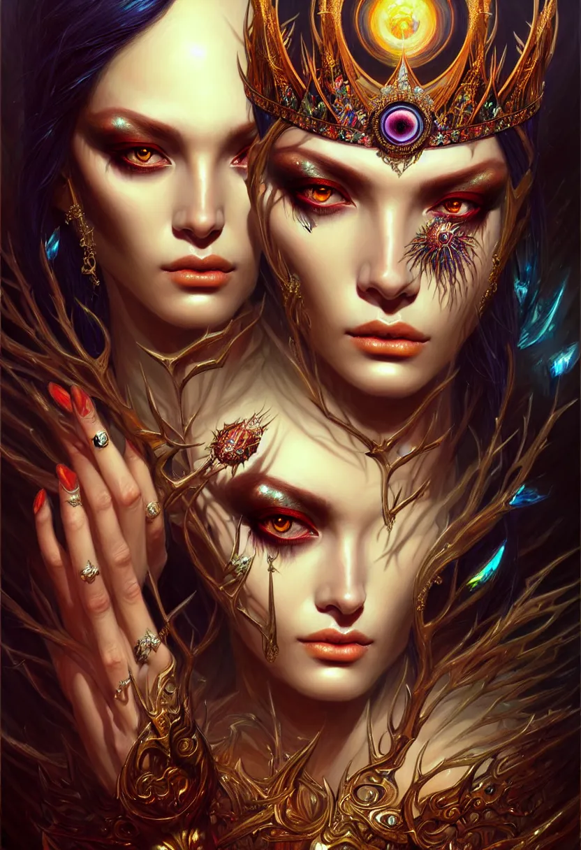 Image similar to A portrait of a jewels-crowned sorceress with vertically slit cornea eyes, by Karol Bak and Jia Ruan, artstation, very detailed, fantasy art, rpg