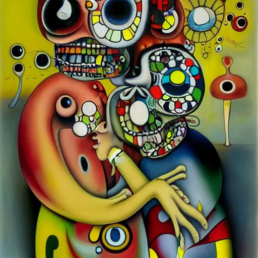 Image similar to Oil painting by Roberto Matta. Strange mechanical beings kissing. Portrait by Takashi Murakami.