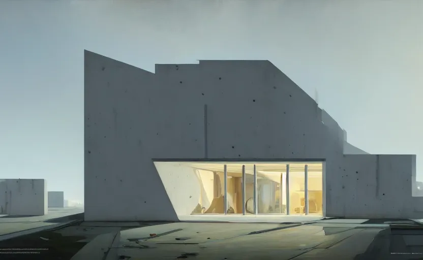 Prompt: painting of a wide angle exterior shot of a white brutalist architecture house with cinematic lighting by zaha hadid and peterzumthor, darek zabrocki and greg ruthkowski, alphonse mucha, simon stalenhag and cinematic and blue cold atmospheric, archillect concept art, artstation, trending on artstation