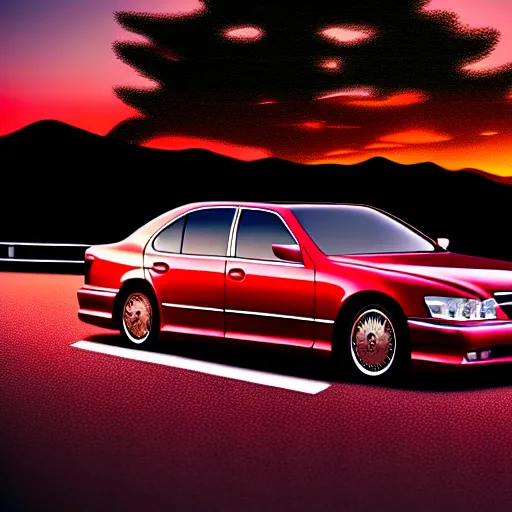 Image similar to a car Lexus LS400 VIP in middle of road, gunma prefecture, city sunset night, cinematic color, photorealistic, highly detailed