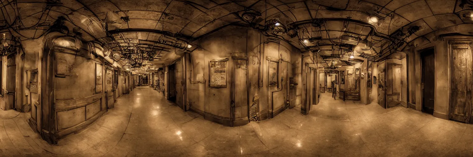 Image similar to dimly lit, theatre access corridor background, 3 doors, fish eye, steampunk