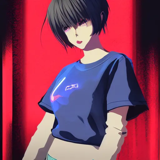 Prompt: shirt art, graphic design, anime style, realistic lighting, futuristic matte colors, made by ilya kuvshinov, trending on artstation, front portrait of a girl, jpop clothing, sneaker shoes, arcade cabinet in background