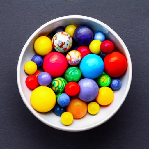 Prompt: a bowl full of coloured marbles top down view