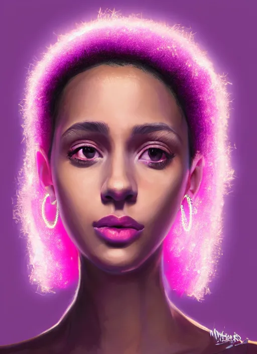 Image similar to portrait of teenage vanessa morgan with bright pink hair, black girl, curly pixie cut hair, wearing a purple breton cap, breton cap, hoop earrings, intricate, elegant, glowing lights, highly detailed, digital painting, artstation, concept art, smooth, sharp focus, illustration, art by wlop, mars ravelo and greg rutkowski