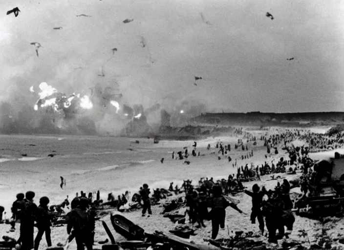 Image similar to vintage photo of a pizza party on omaha beach in normandy with explosions and battle in the background