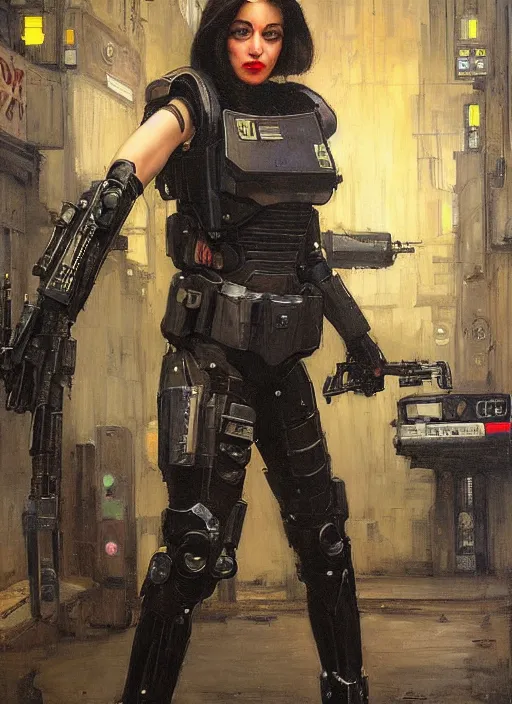 Image similar to Sgt Sara Grim. Menacing Cyberpunk police trooper wearing a combat vest and towering with robotic legs. (dystopian, police state, Cyberpunk 2077, bladerunner 2049). Iranian orientalist portrait by john william waterhouse and Edwin Longsden Long and Theodore Ralli and Nasreddine Dinet, oil on canvas. Cinematic, vivid colors, hyper realism, realistic proportions, dramatic lighting, high detail 4k