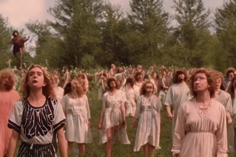 Image similar to vhs 1 9 8 0 s cinema footage of a scene from the movie midsommar directed by ari aster, vintage film grain