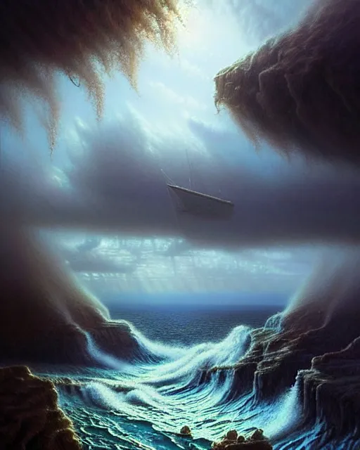 Image similar to a hyper - detailed 3 d render like an oil painting of cabin dreaming of the untamed ocean!!!!! surreal concept art, lifelike, photorealistic, digital painting, aesthetic, smooth, sharp focus, artstation hd, by greg rutkowski, bruce pennington, valentina remenar, rhads, asher duran,