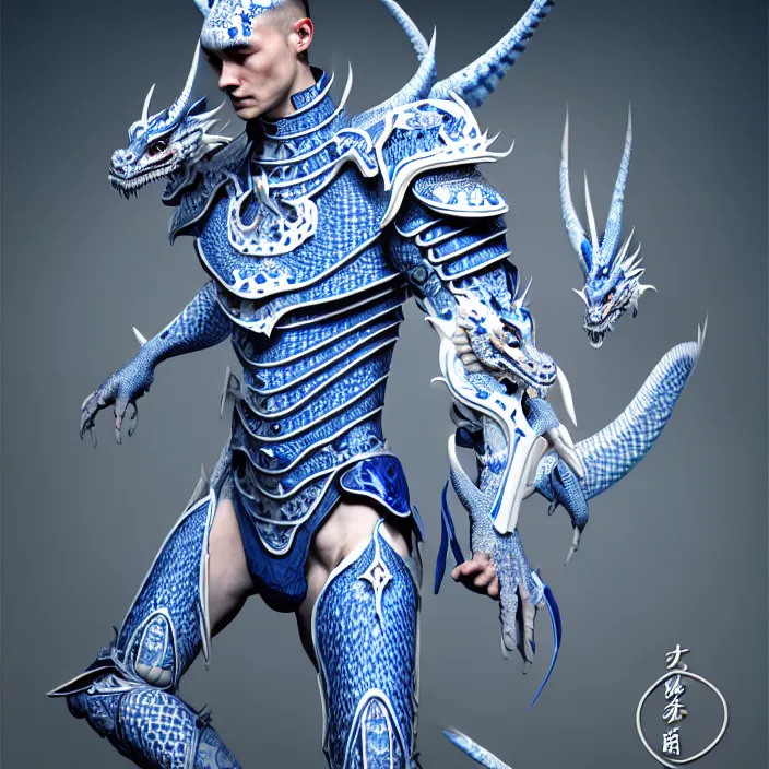 Prompt: man wearing porcelain cyborg armor, Chinese Kangxi Blue and white dragon pattern porcelain, diffuse lighting, fantasy, intricate, elegant, highly detailed, lifelike, photorealistic, digital painting, artstation, illustration, concept art, smooth, sharp focus, art by John Collier and Albert Aublet and Krenz Cushart and Artem Demura and Alphonse Mucha