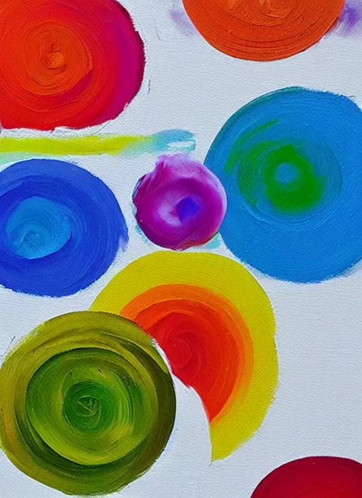 Prompt: oil paint circles of varying sizes on white paper, rainbow colors