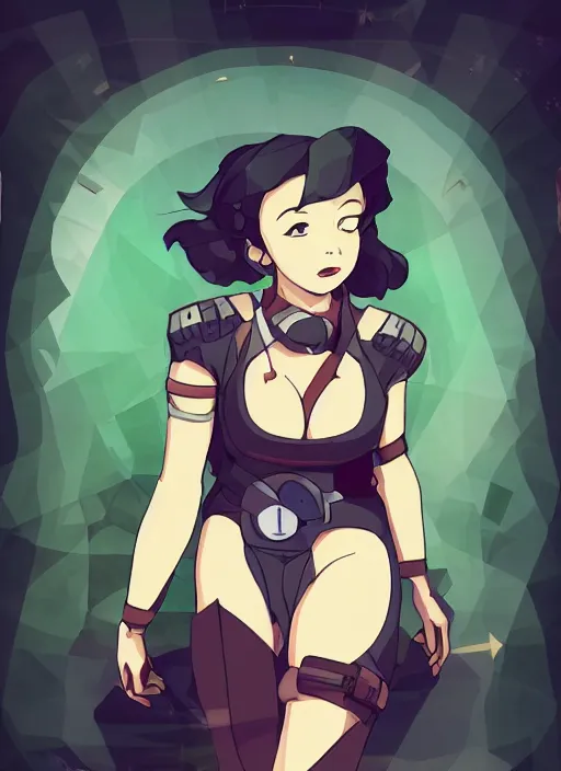 Prompt: studio ghibli style, d & d style retro sci - fi pilot pinup, beautiful face and wearing full detailed clothing, lowpoly