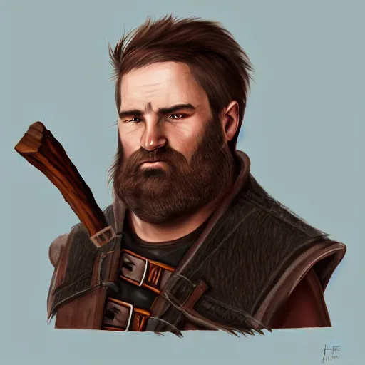 Image similar to portrait, 50 years old man :: short, stocky build :: dark, short hair and a whisker :: medieval leather workwear :: lumberjack axe :: high detail, digital art, fantasy, RPG, concept art, illustration