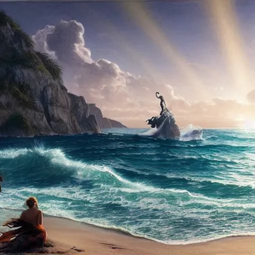 Image similar to a highly detailed tarot card of poseidon revealing himself, riding a horse out of the ocean woman sitting in the sand watching the ocean, epic fantasy, god rays, rocky beach, ultrawide lense, aerial photography, unreal engine, exquisite detail, 8 k, art by albert bierstadt and greg rutkowski and jeong seon