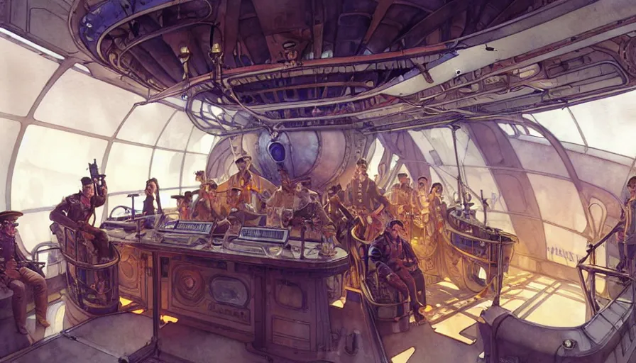 Image similar to airship interior bridge of warship, captain and bridge crew, french baroque, napoleonic, dieselpunk science fiction, steampunk, command and control center, sharp, concept art watercolor illustration by mandy jurgens and alphonse mucha, dynamic lighting