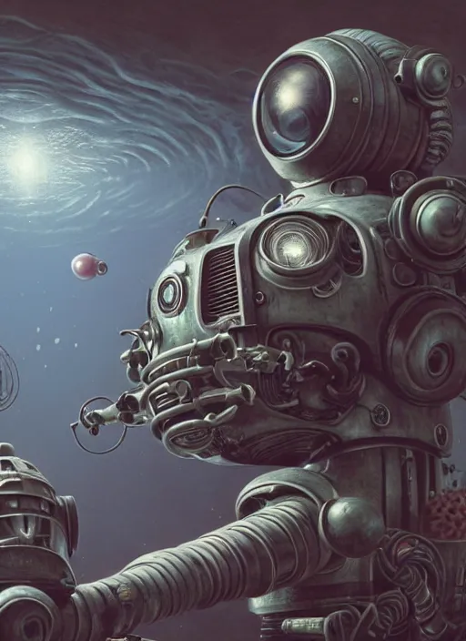 Image similar to highly detailed closeup, portrait of a retro robot deep sea diving, unreal engine, nicoletta ceccoli, mark ryden, earl norem, lostfish, global illumination, detailed and intricate environment