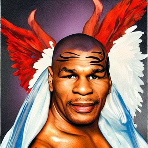 Image similar to mike tyson dressed as the angel of love, realistic portrait