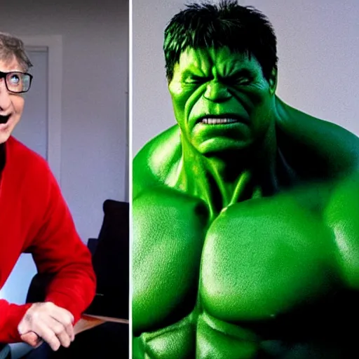 Image similar to bill gates cosplaying as the hulk, muscly bill gates wearing a hulk costume, bill gates jacked beefy cosplay award winner