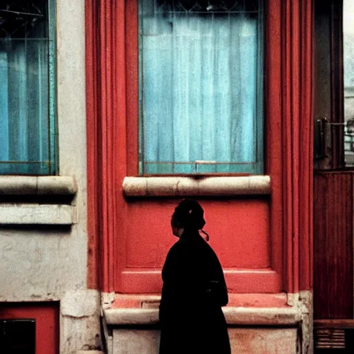 Image similar to A Filipino woman smoking outside a fancy restaurant, street photography, by Saul Leiter, Jamel Shabazz, Nan Goldin