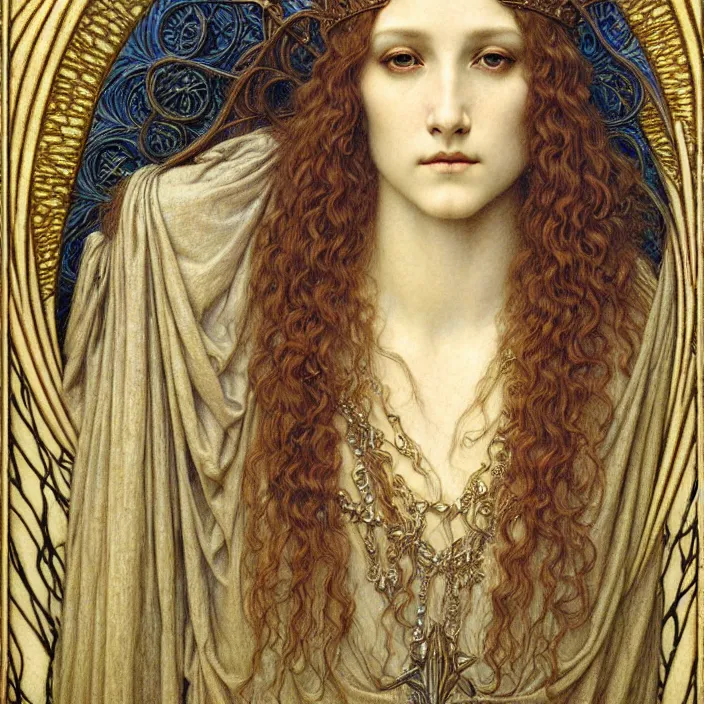 Image similar to detailed realistic beautiful young medieval queen face portrait by jean delville, gustave dore and marco mazzoni, art nouveau, symbolist, visionary, gothic, pre - raphaelite. horizontal symmetry