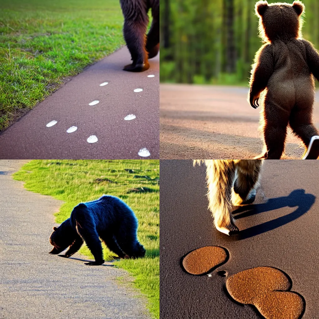 Prompt: a cute bipedal bear leaving footprints as he walks