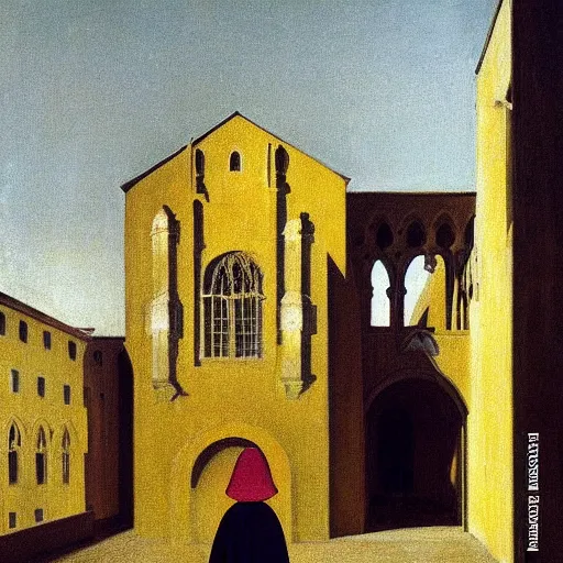 Image similar to in the distance, a little girl with short black hair and wearing a yellow coat alone in the inner courtyard of an abbey, there is a fantoin with a female face in the back, the light is bright and wintry, painting by hopper and de chirico