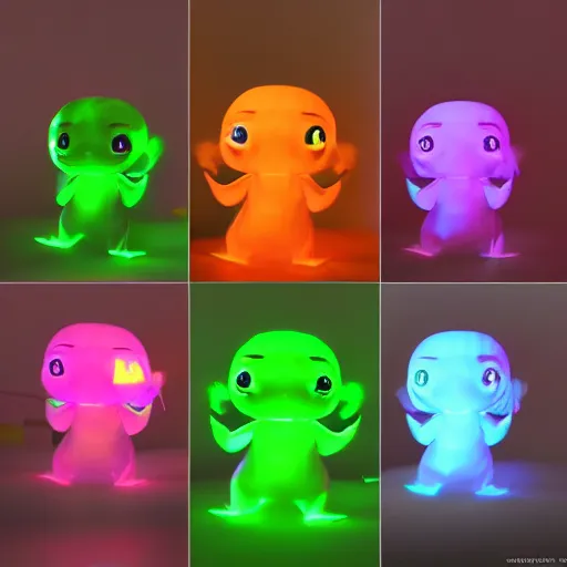 Image similar to cute fumo plush girl from a dark cave which is photoluminescent, jelly glow, neon lens flare, vray