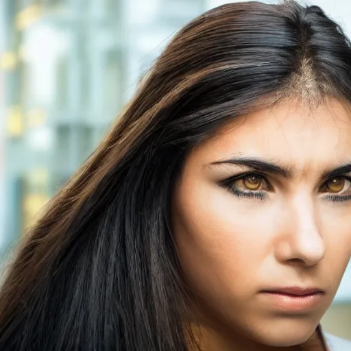 Image similar to amazonian woman, closeup, stoic, realistic, high resolution, in office building