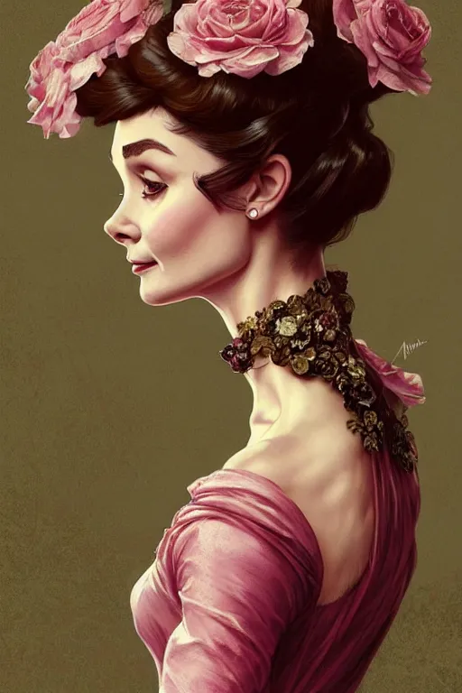 Image similar to audrey hepburn dressed in a victorian roses dress fashion, D&D, fantasy, intricate, elegant, highly detailed, digital painting, artstation, concept art, matte, sharp focus, illustration, art by Artgerm and Greg Rutkowski and meredit frampton and Alphonse Mucha